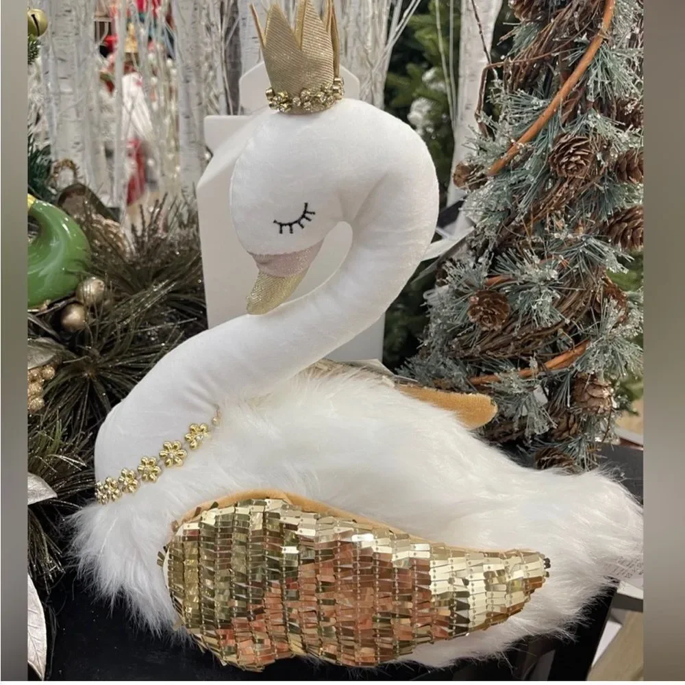 Viral Sugarplum Dreams White Elegant Furry Swan With Glitter Accent Wing Crown